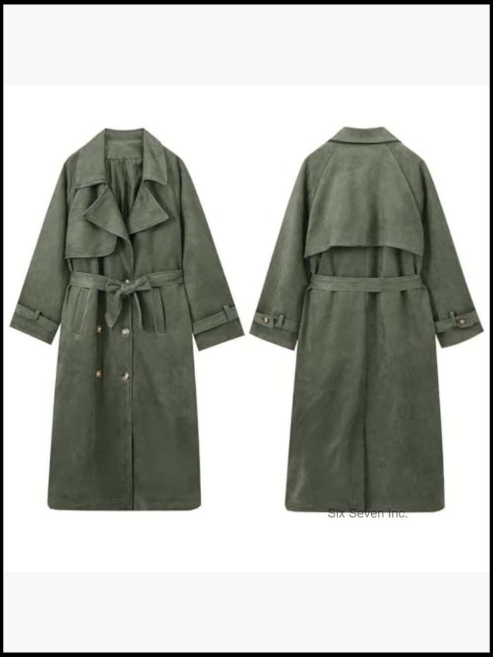 Faux Suede Long Trench Coat Notched Lapel Double Breasted Pea Coat with Belt - Picture 6 of 7